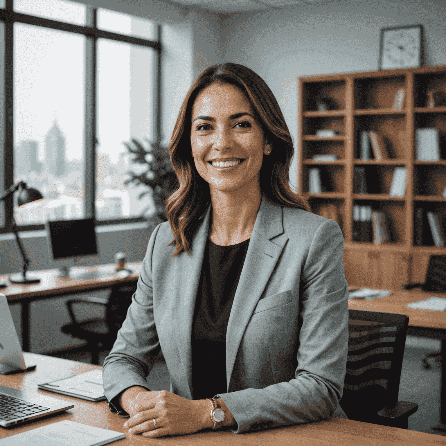 Foto de Ana Martínez, abogada especialista en derecho mercantil, sonriendo en un despacho moderno