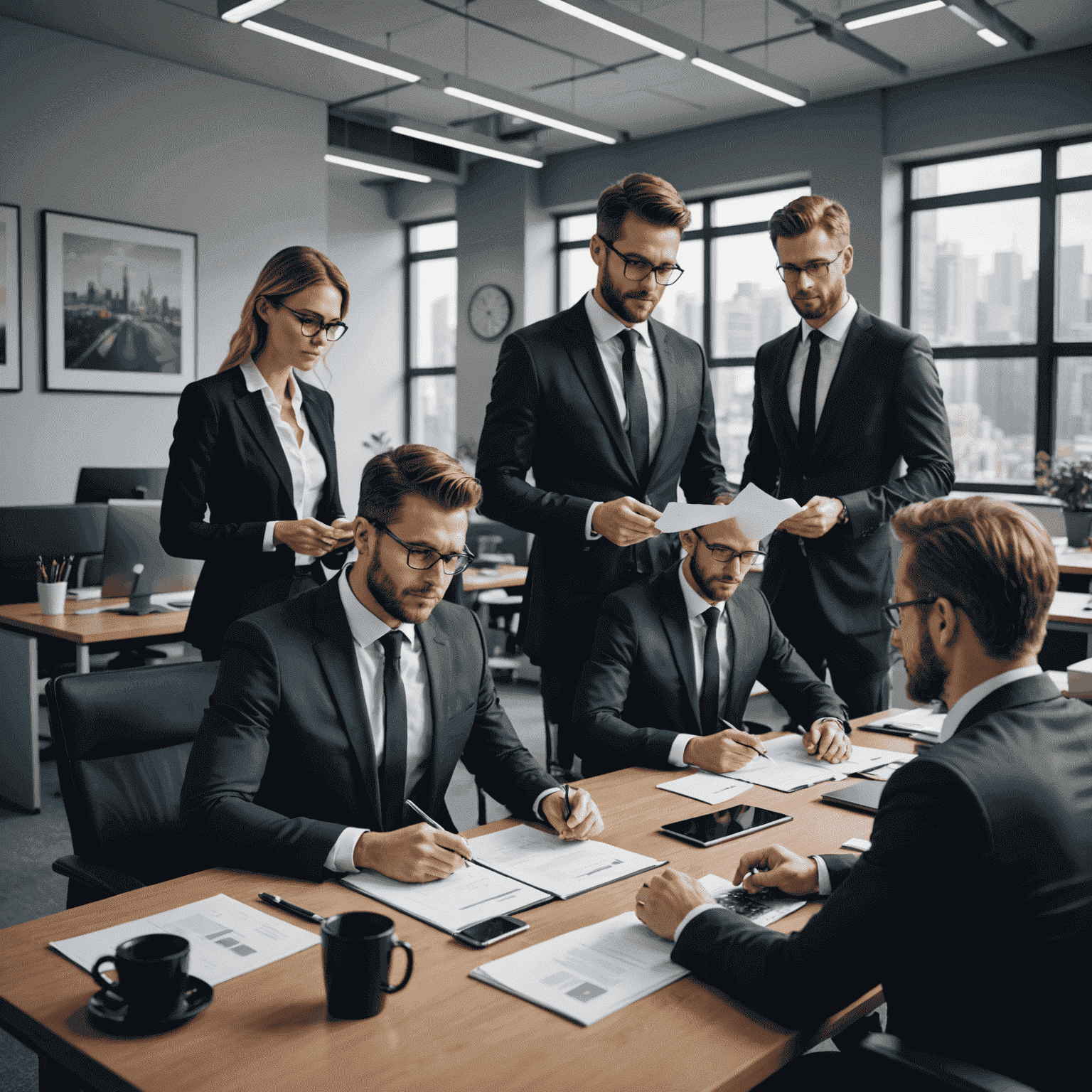 Equipo de abogados de Lektrino trabajando en una oficina moderna, discutiendo documentos legales y utilizando tecnología para brindar asesoramiento rápido a emprendedores