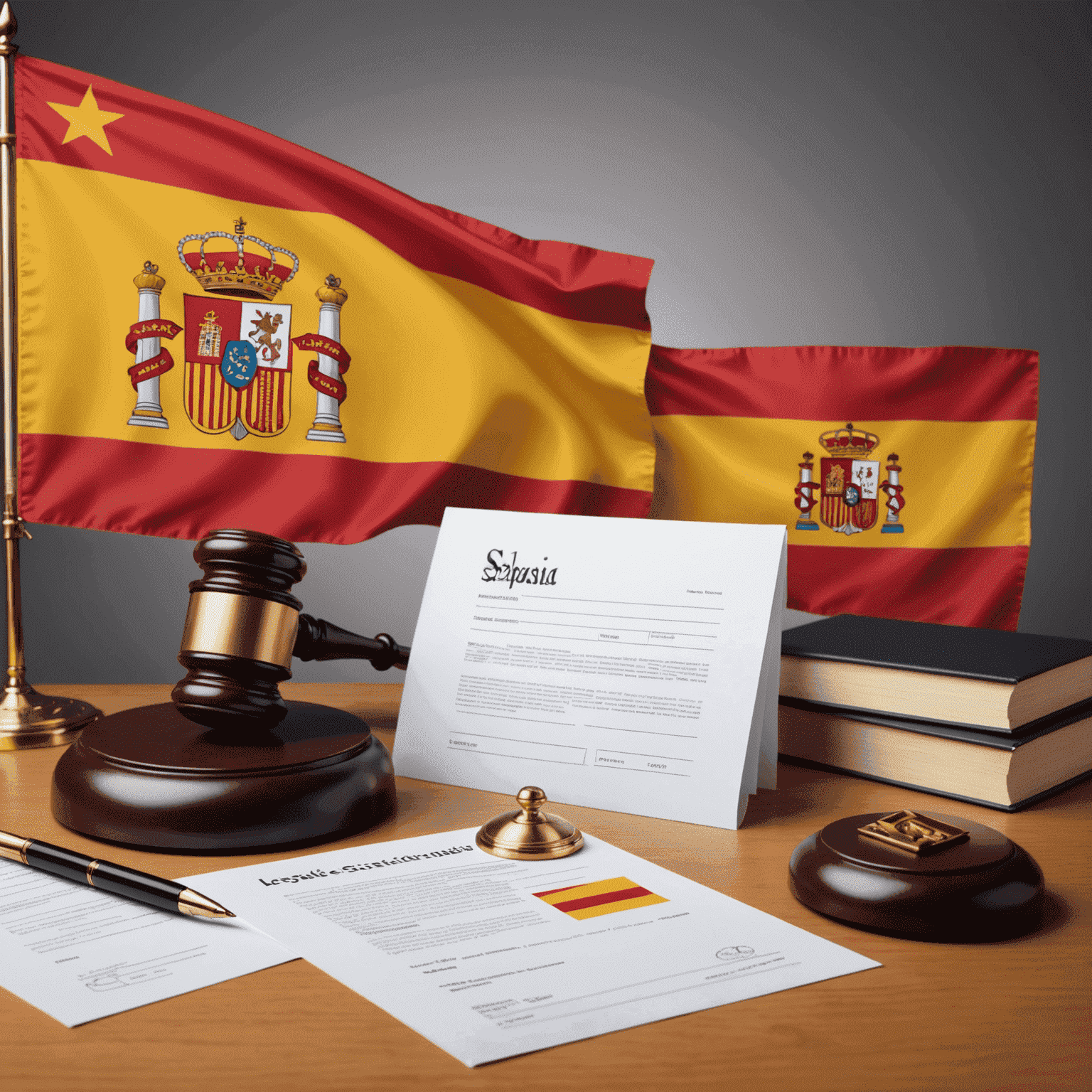 Imagen que muestra documentos legales, la bandera española y símbolos de negocios, representando los requisitos legales para iniciar un negocio en España