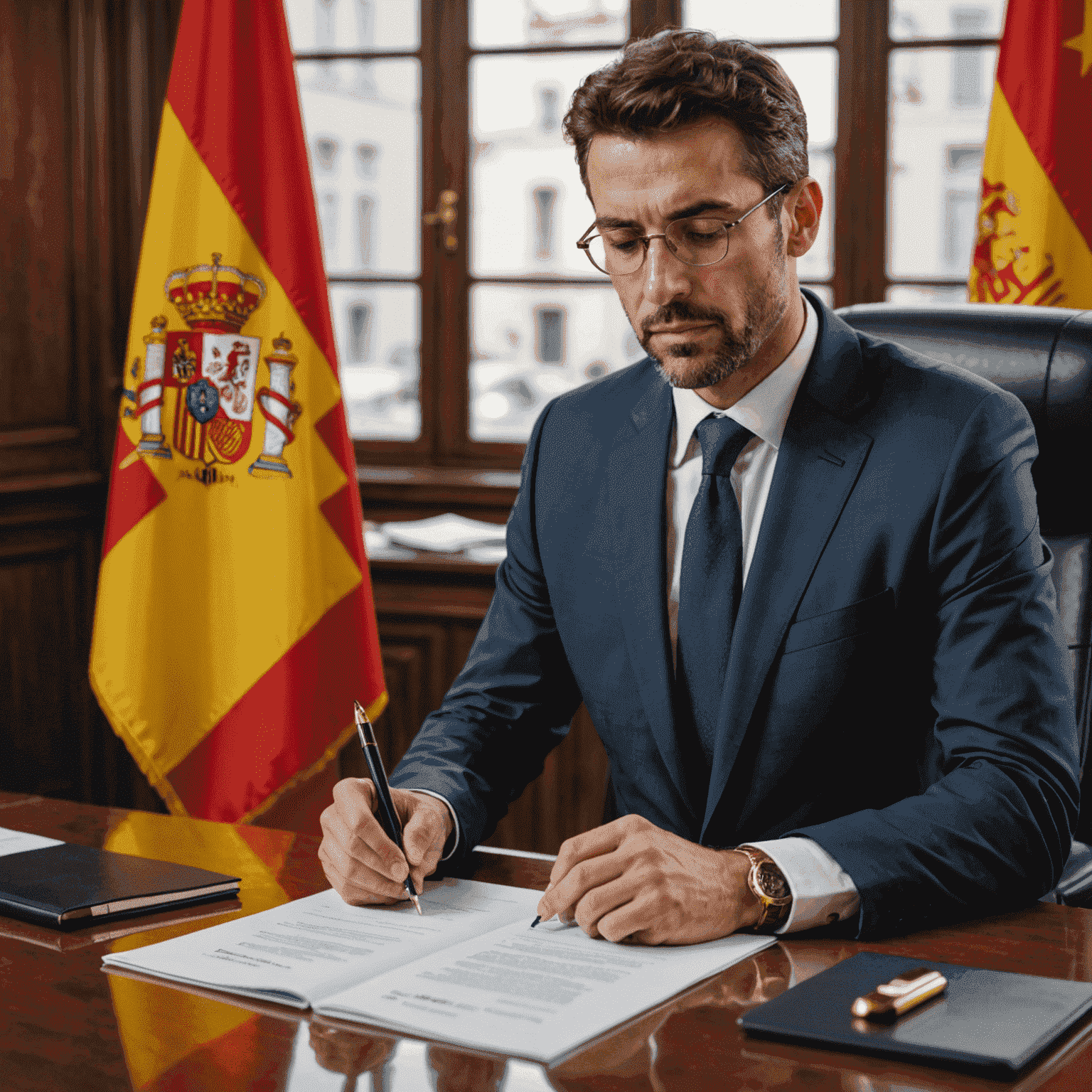 Imagen de un empresario revisando documentos legales con la bandera española de fondo