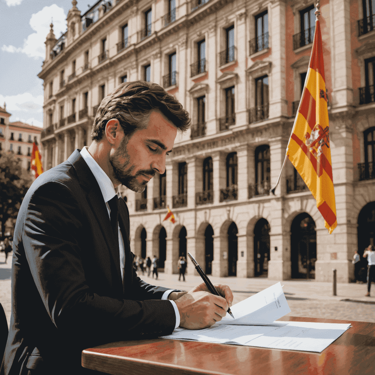 Una persona firmando documentos legales frente a la bandera española y edificios de negocios, representando el proceso de iniciar una empresa en España