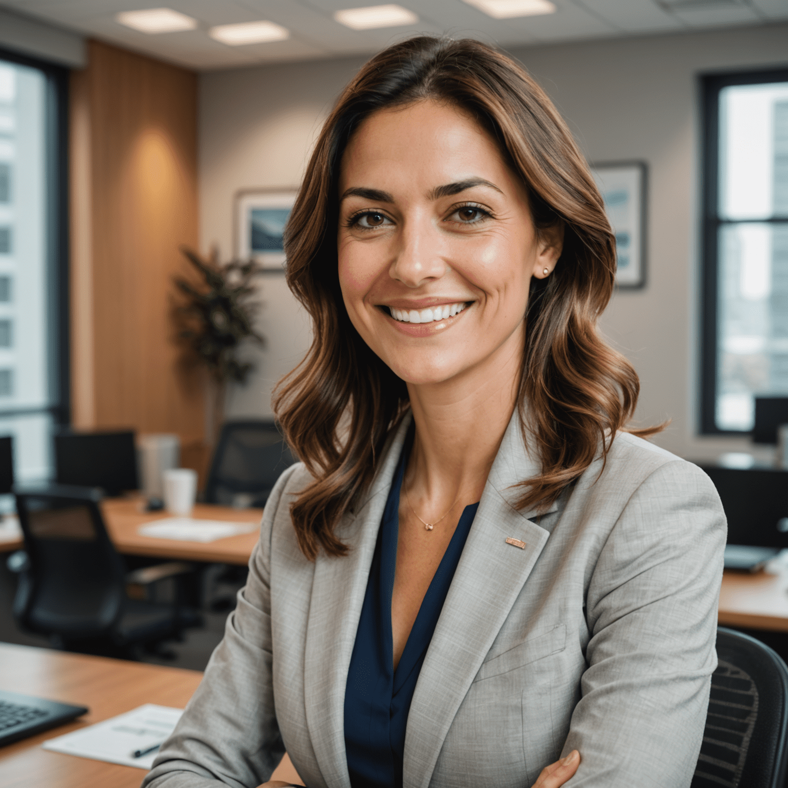 Foto de Elena Gómez, abogada fiscal, sonriendo en un entorno de oficina
