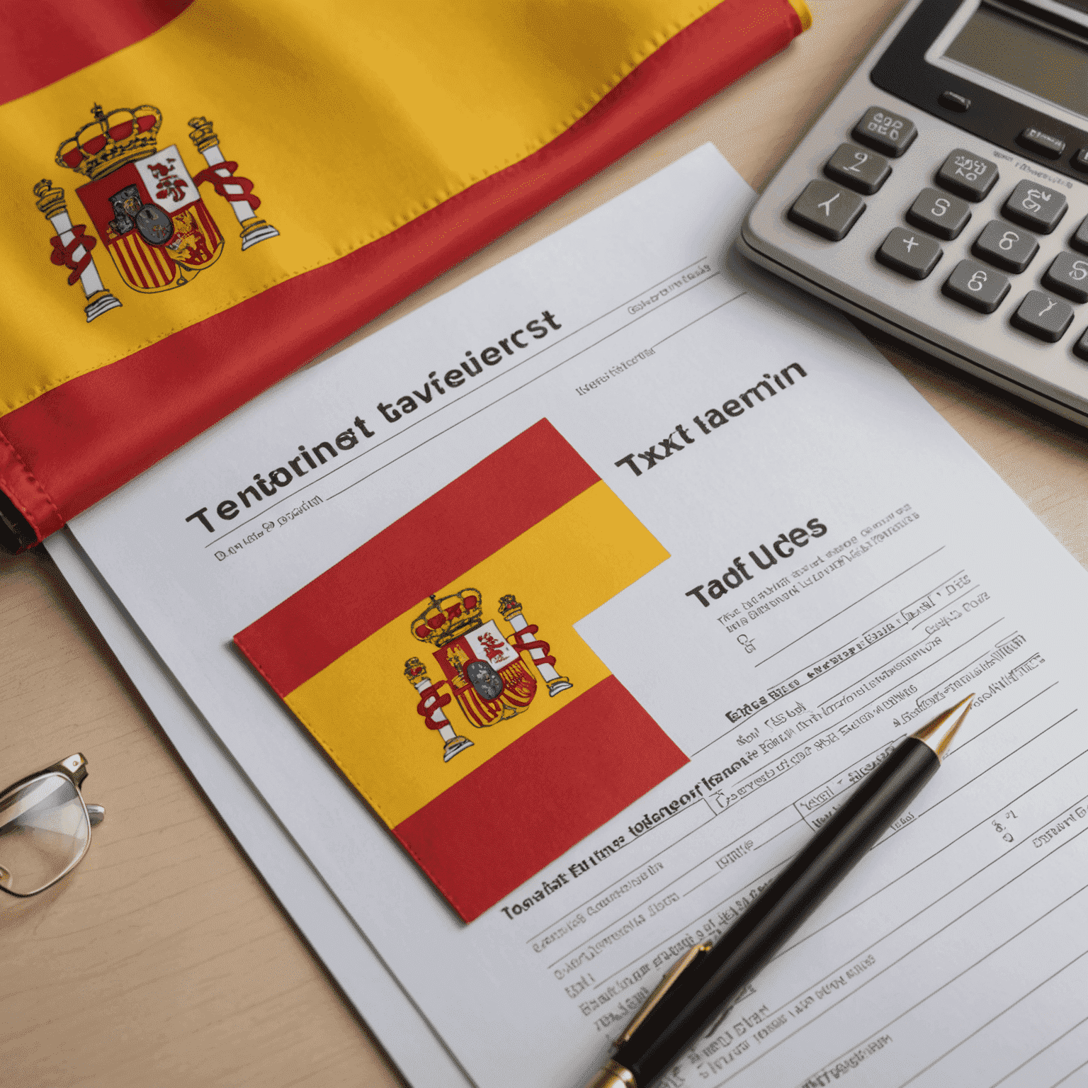 Gráficos y documentos fiscales con la bandera española de fondo, ilustrando las leyes fiscales para startups en España